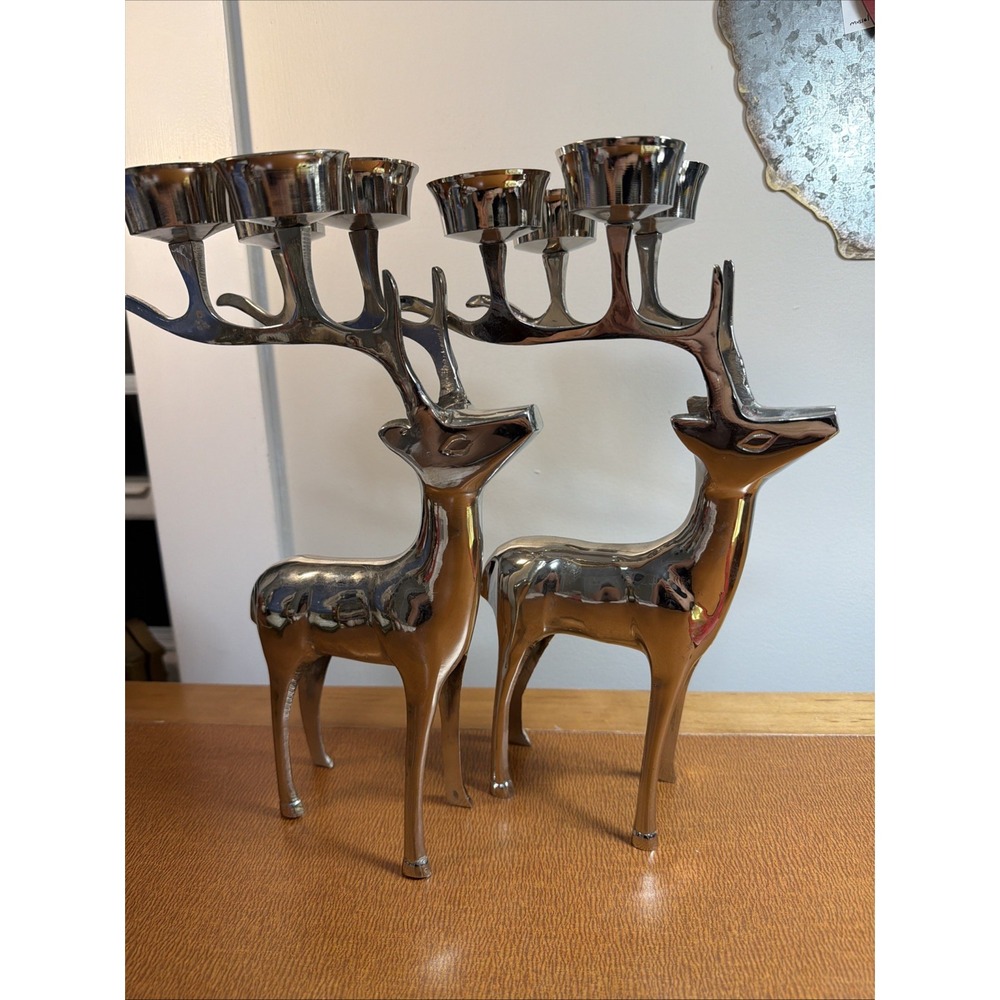 Set of 2 Silver Metal Reindeer 8 Votive Candelabra 12" Tall Christmas